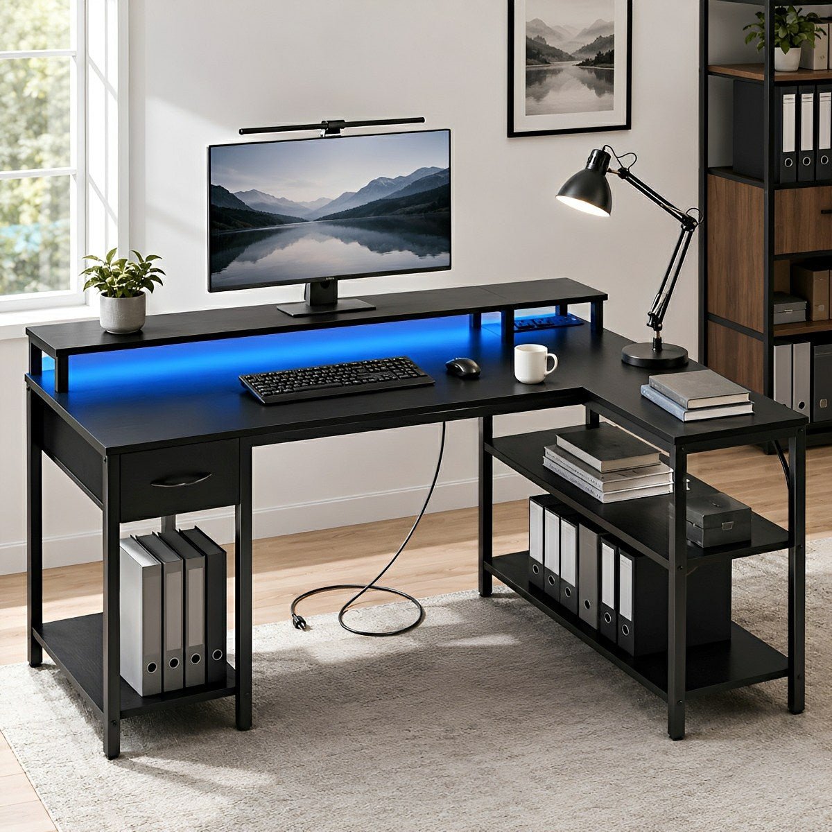 53" L-Shaped Gaming Desk with LED & Power Outlet - Flare Shack