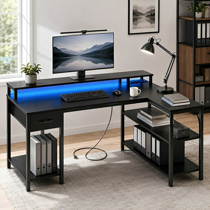 53" L-Shaped Gaming Desk with LED & Power Outlet - Flare Shack