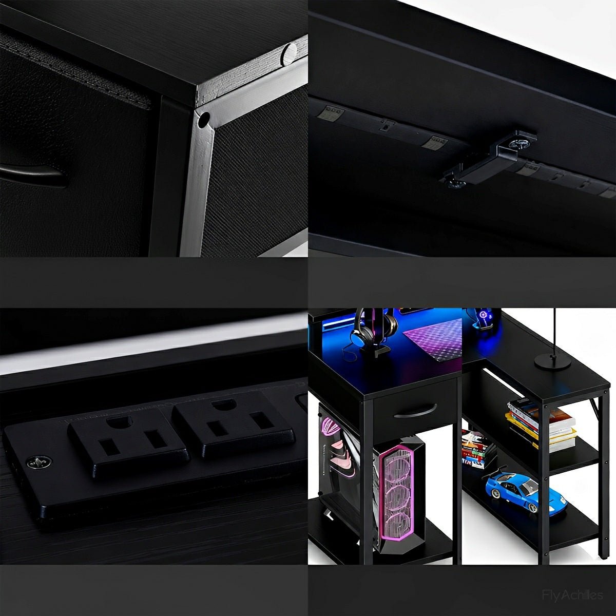 L-Shaped Gaming Desk with LED & Power Outlet