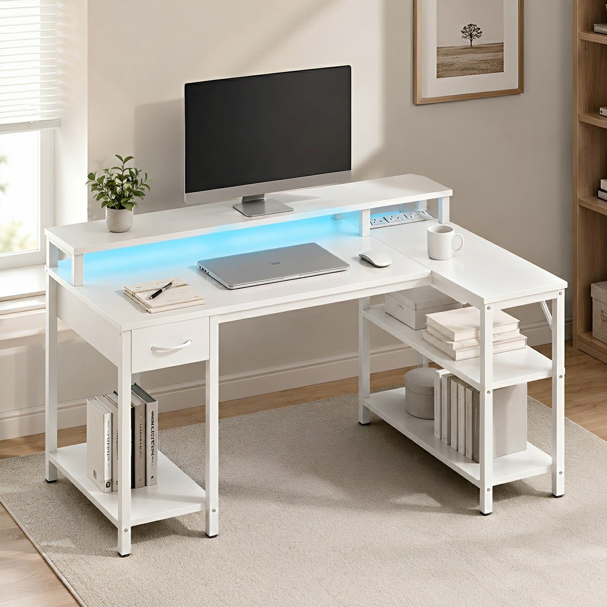 L-Shaped Gaming Desk with LED & Power Outlet