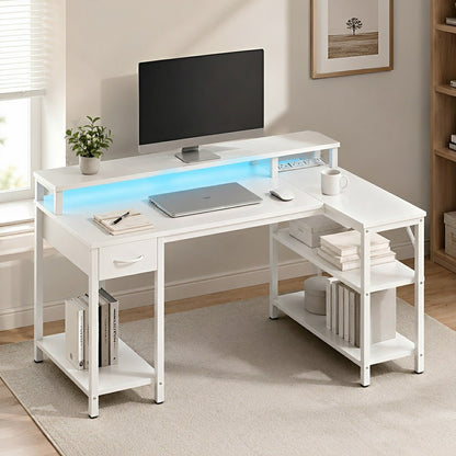 L-Shaped Gaming Desk with LED & Power Outlet