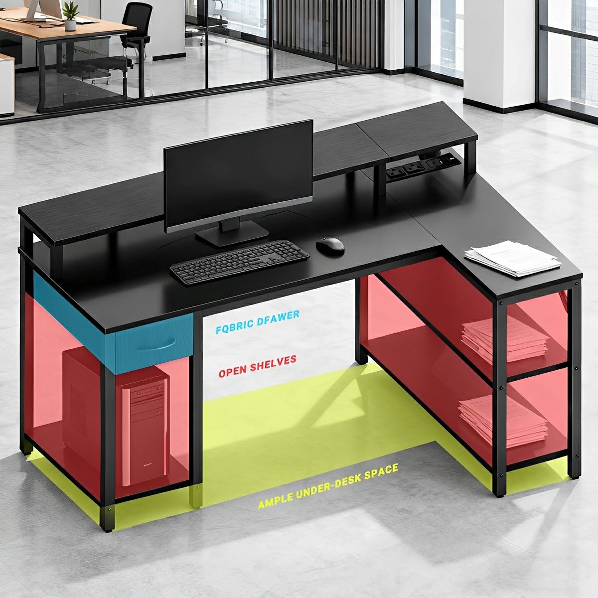 L-Shaped Gaming Desk with LED & Power Outlet