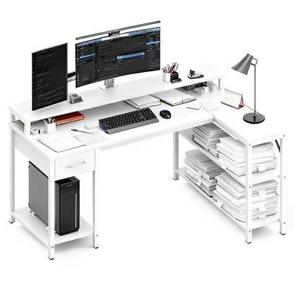 L-Shaped Gaming Desk with LED & Power Outlet