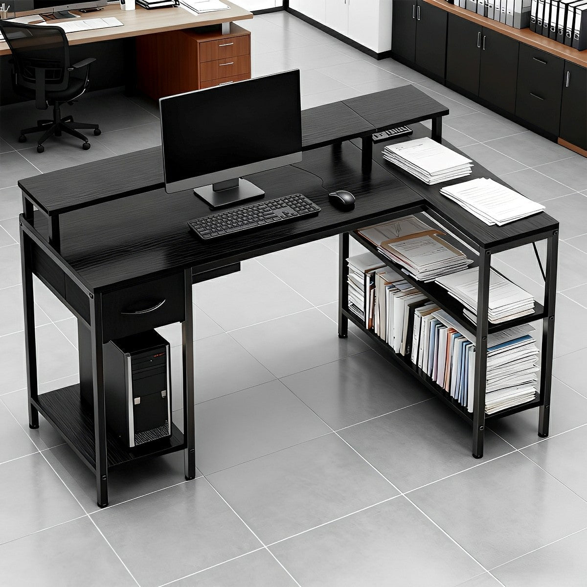 L-Shaped Gaming Desk with LED & Power Outlet