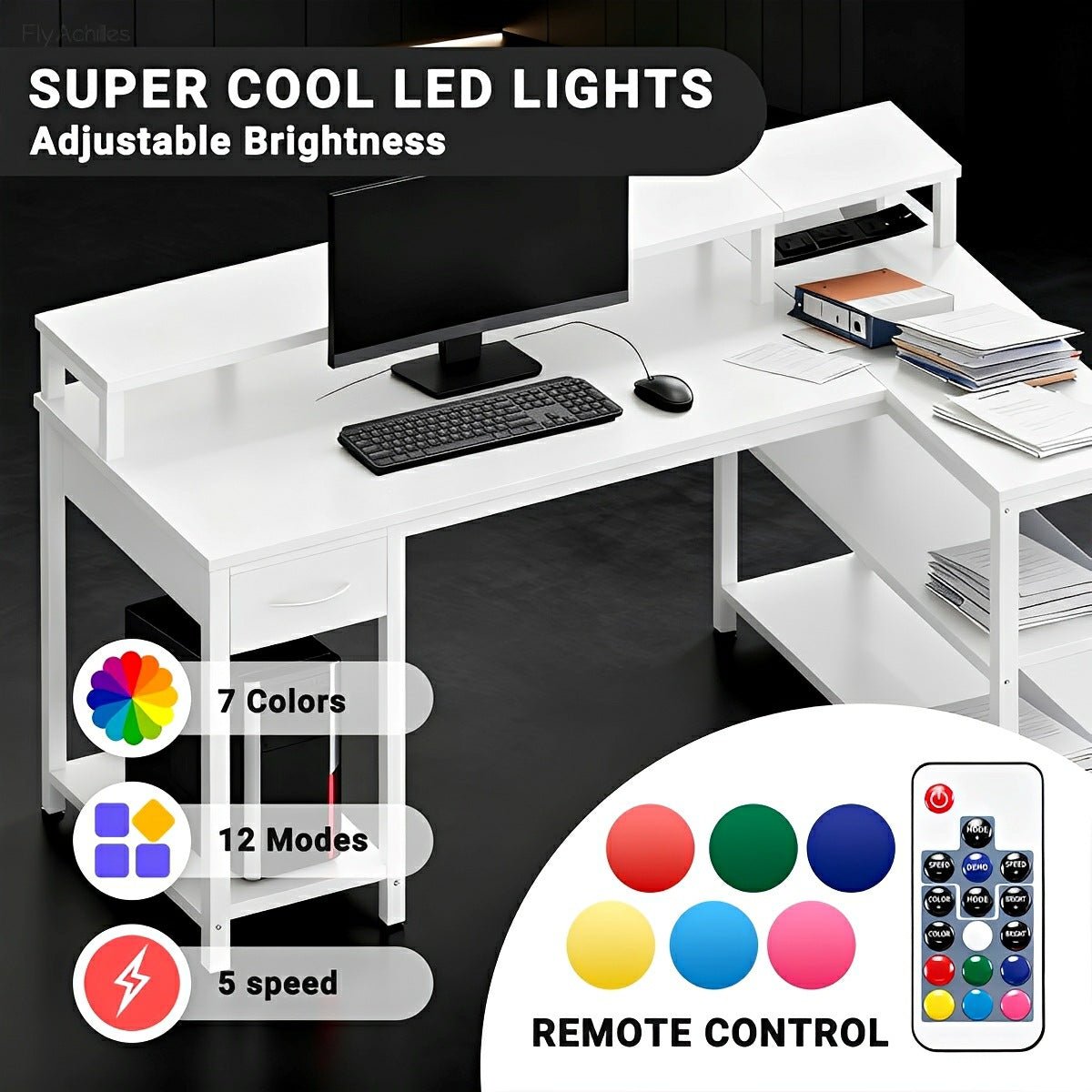 L-Shaped Gaming Desk with LED & Power Outlet