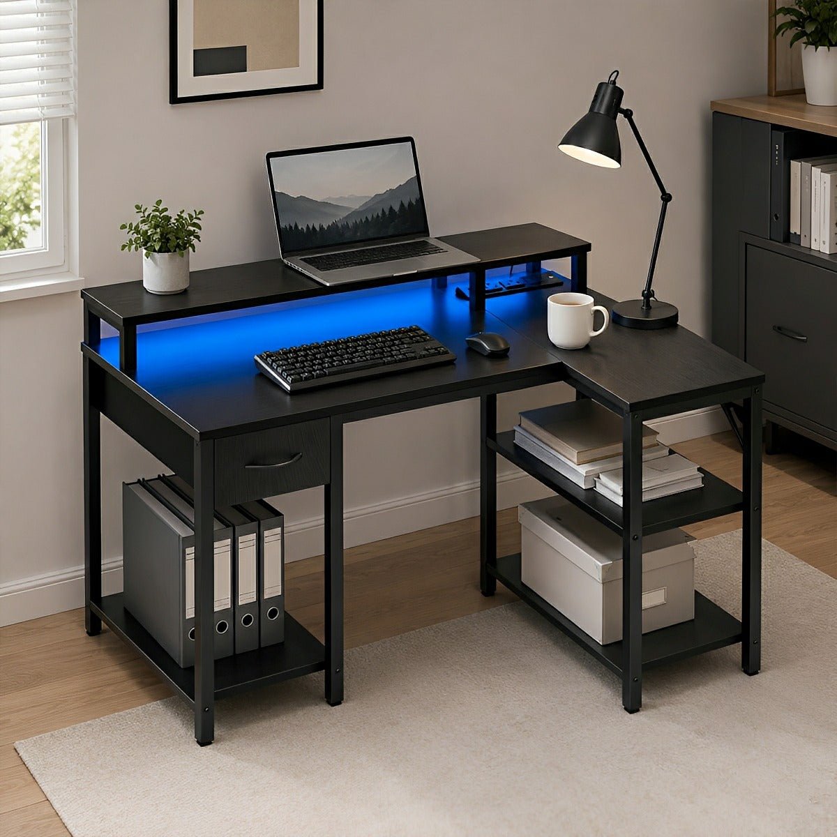 L-Shaped Gaming Desk with LED & Power Outlet