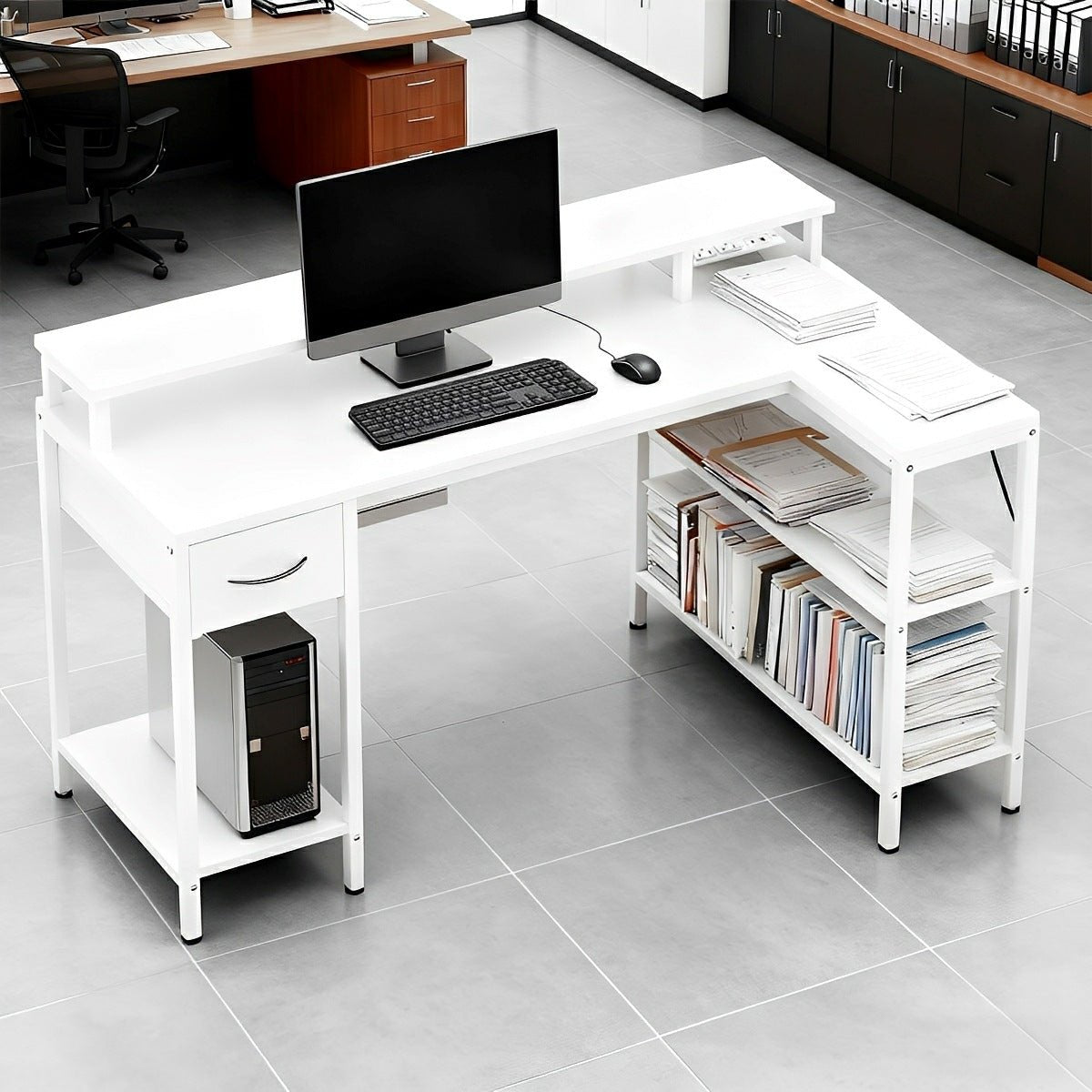 L-Shaped Gaming Desk with LED & Power Outlet