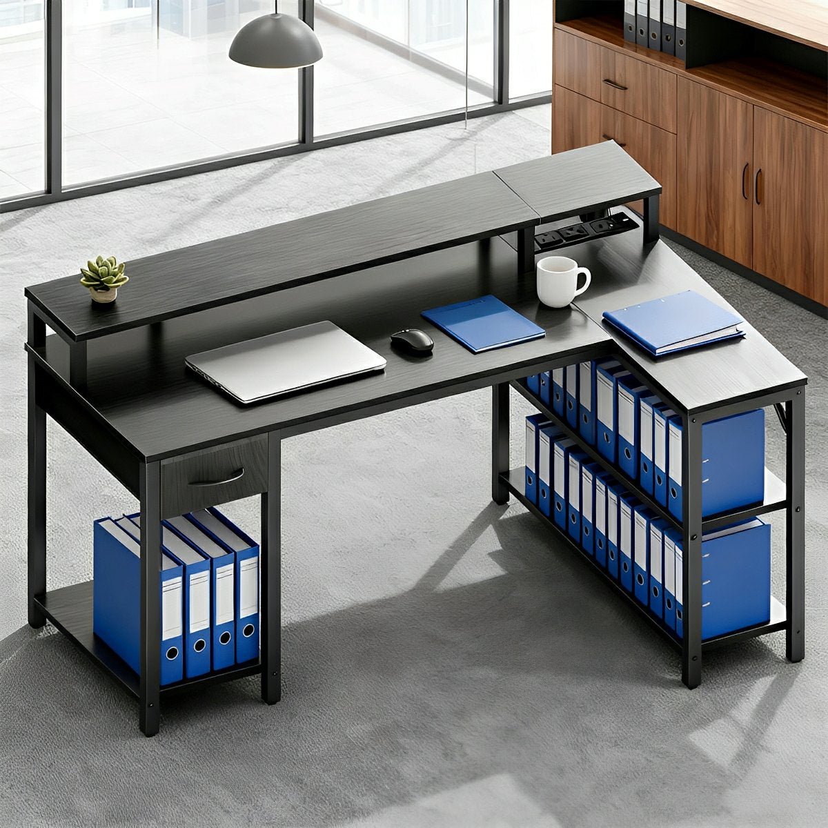 L-Shaped Gaming Desk with LED & Power Outlet