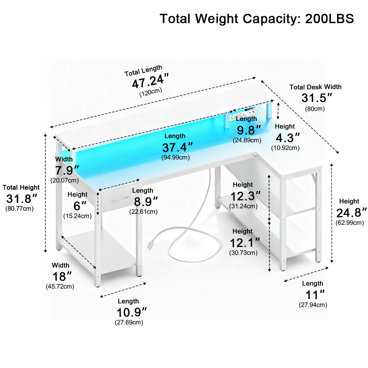 L-Shaped Gaming Desk with LED & Power Outlet