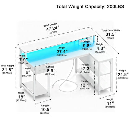 L-Shaped Gaming Desk with LED & Power Outlet