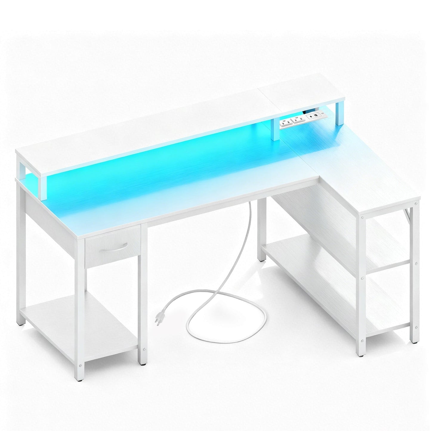 L-Shaped Gaming Desk with LED & Power Outlet