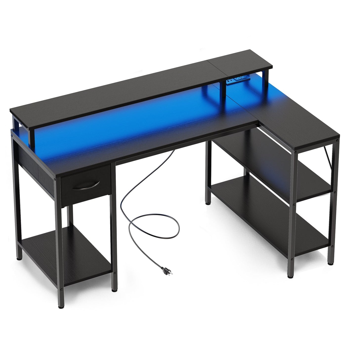 L-Shaped Gaming Desk with LED & Power Outlet