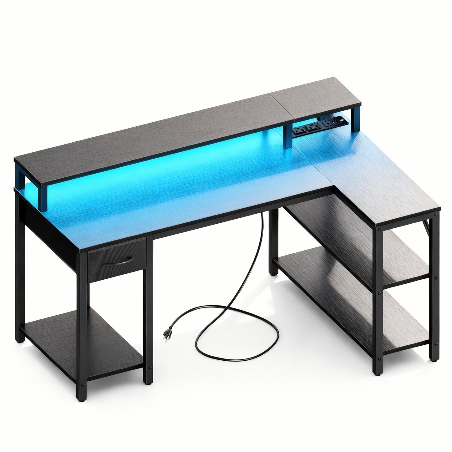 L-Shaped Gaming Desk with LED & Power Outlet