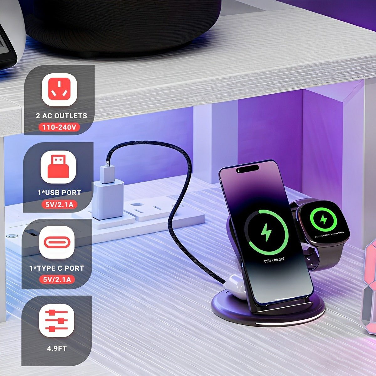L-Shaped Gaming Desk with LED & Power Outlet