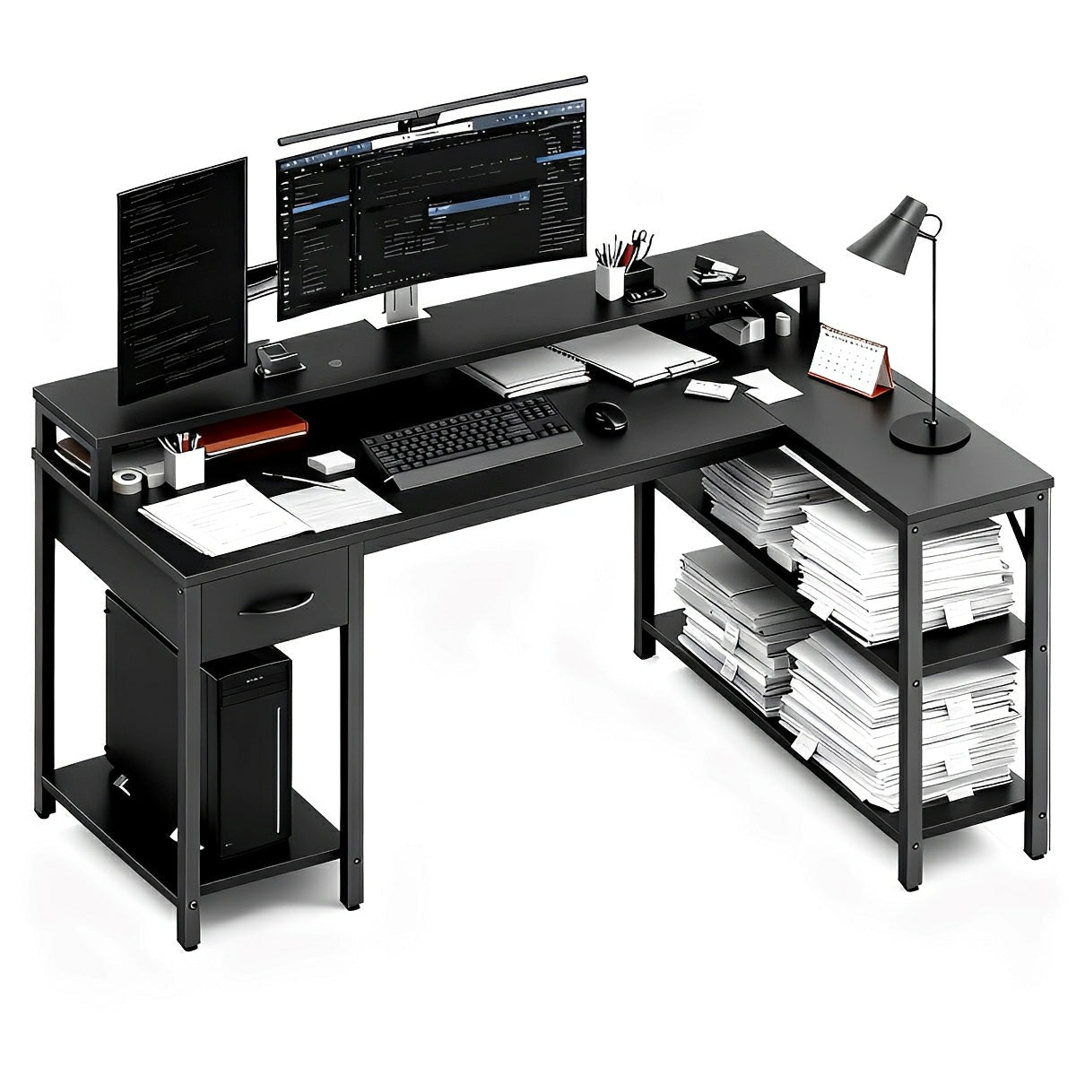 L-Shaped Gaming Desk with LED & Power Outlet