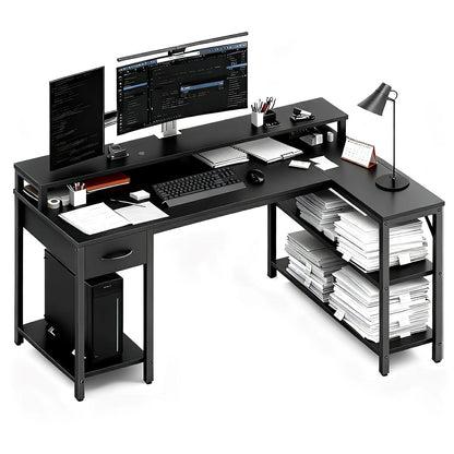 L-Shaped Gaming Desk with LED & Power Outlet