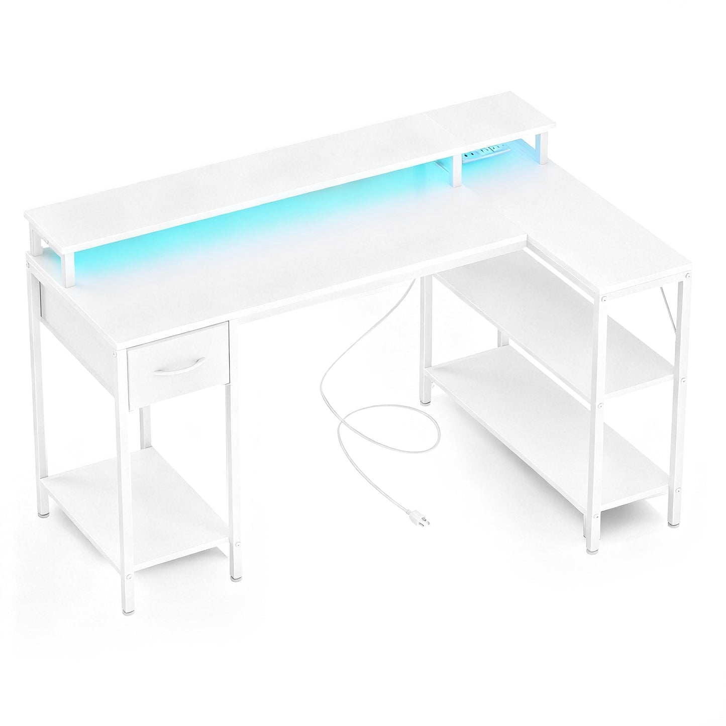 L-Shaped Gaming Desk with LED & Power Outlet