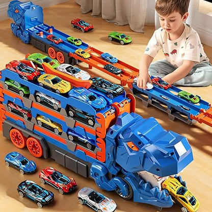 Folding Dinosaur Transporter Car Set - 2 Die-Cast Cars for Competitive Play & Easy Storage