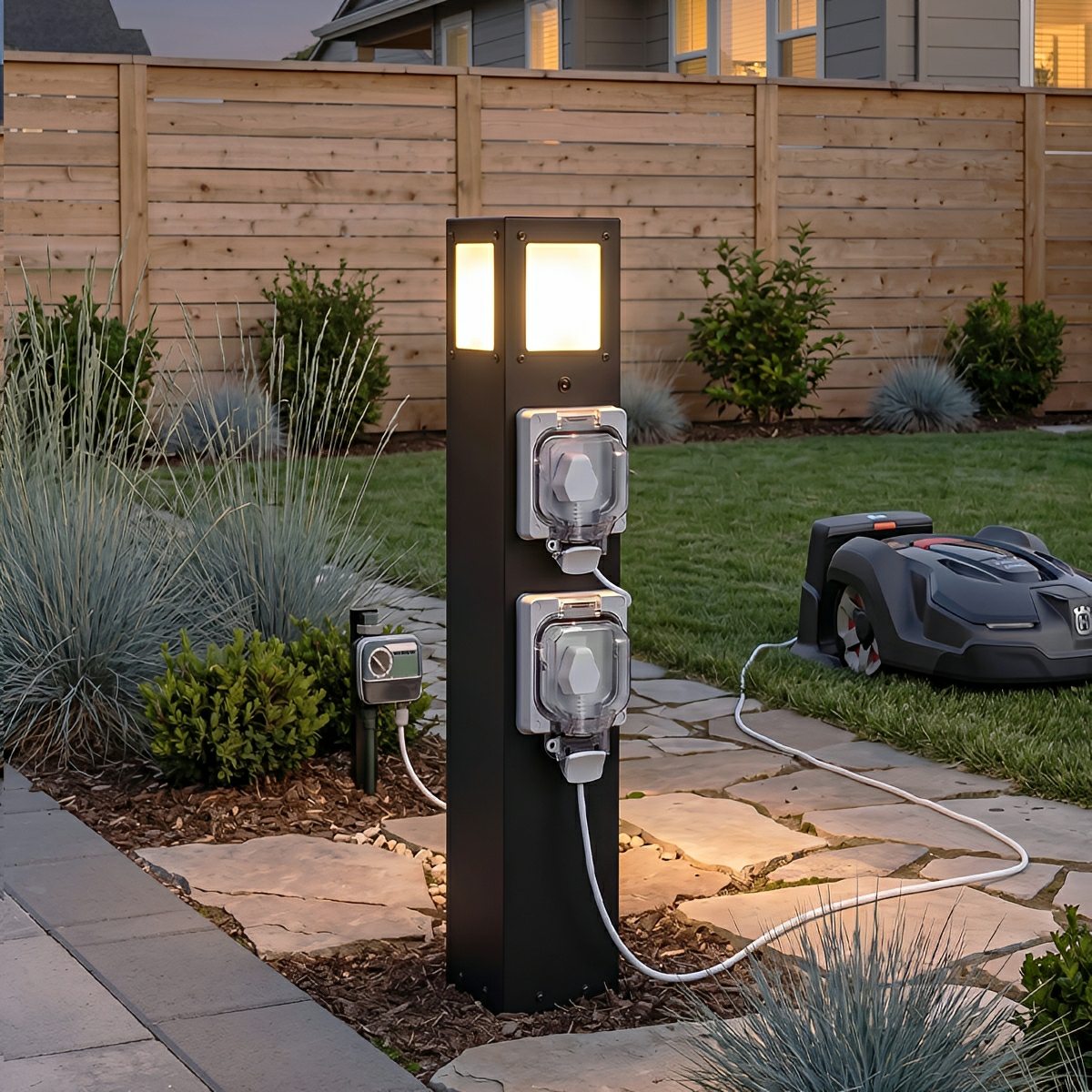 Steel Outdoor Waterproof Pathway Lights with GFCI-Protected Outlet