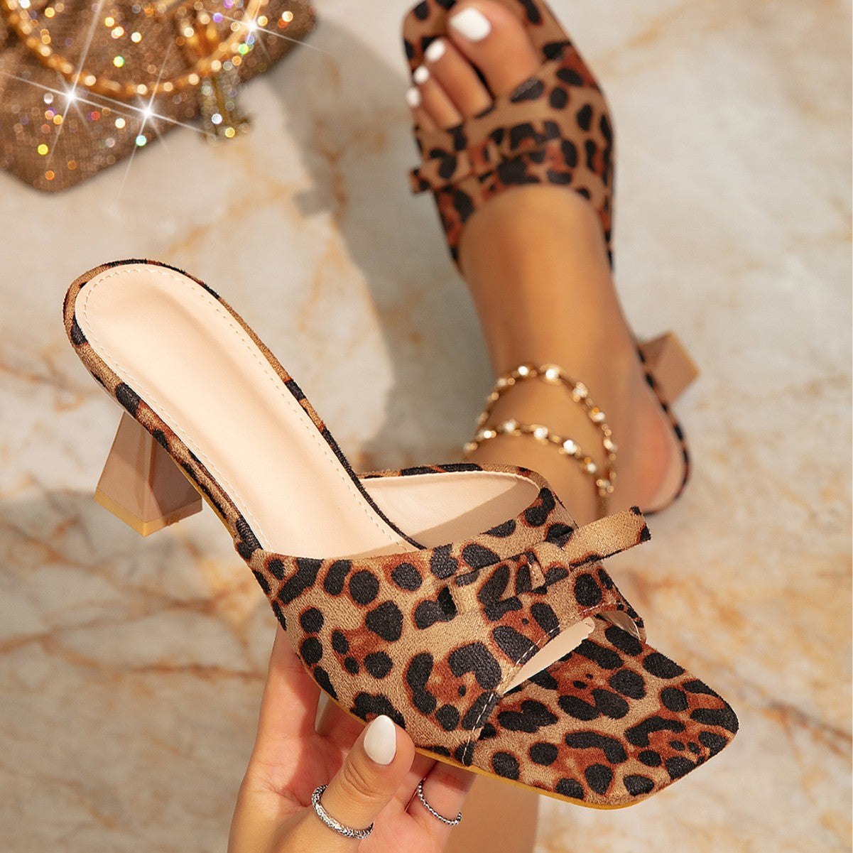 Soft women's mule - square-toe, open-toe leopard-print, chunky-heel, PU, casual wear
