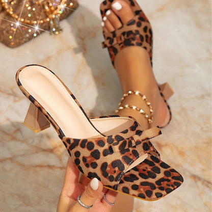 Soft women's mule - square-toe, open-toe leopard-print, chunky-heel, PU, casual wear