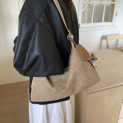 Soft women's shoulder crossbody bag - classic versatile commuter with pendant, suede, everyday wear