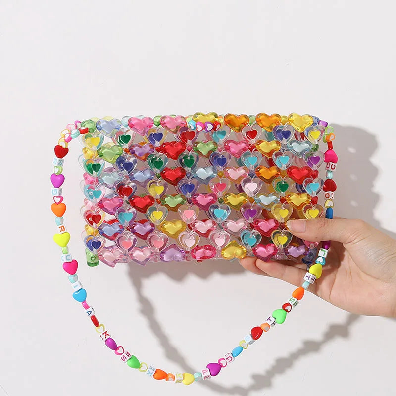 Beaded Bag Heart Bead Mini Shoulder Bag Handwoven Jelly Colorful Purse Summer 2025 Trendy Gift Accessory