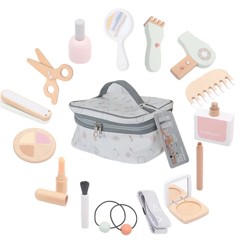 Kids Makeup Set Wooden Pretend Play Cosmetic Toy With Carry Bag Eco Friendly Hairdressing Kit Holiday Gift 2025