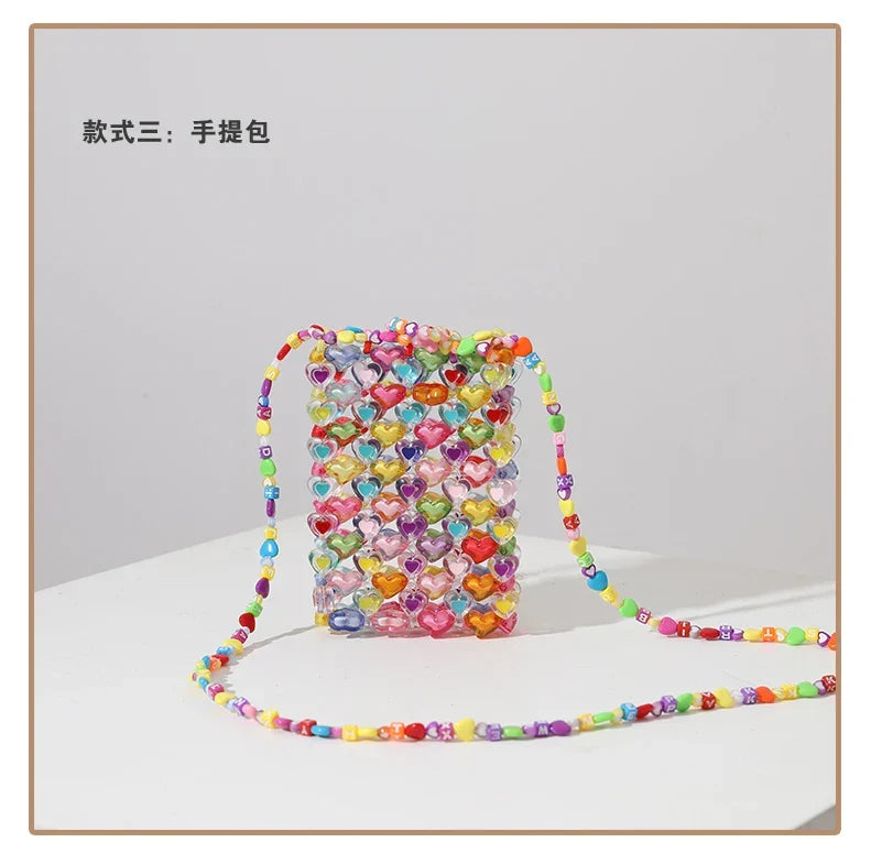 Beaded Bag Heart Bead Mini Shoulder Bag Handwoven Jelly Colorful Purse Summer 2025 Trendy Gift Accessory