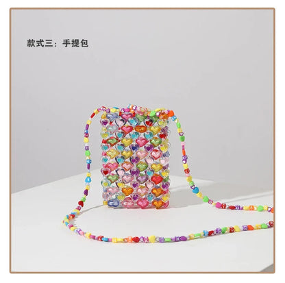 Beaded Bag Heart Bead Mini Shoulder Bag Handwoven Jelly Colorful Purse Summer 2025 Trendy Gift Accessory