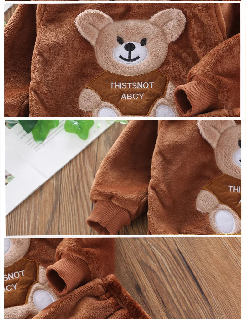Occasion style layout showcasing the kids flannel fleece cartoon bear pyjama set