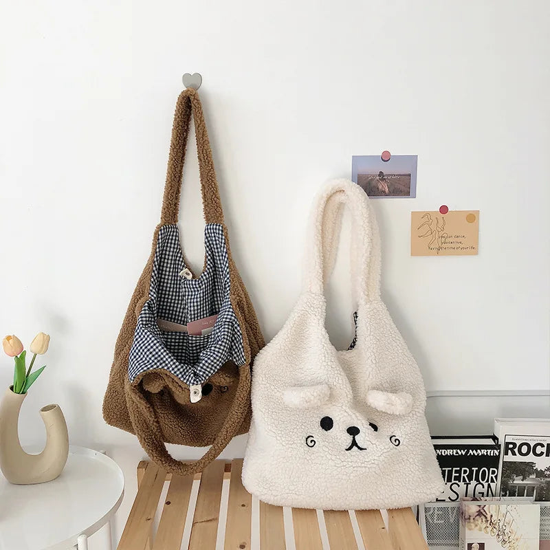 Tote Bag Soft Plush Cartoon Embroidery Shoulder Bag Winter 2025 Cozy Faux Lamb Hair Shopper Gift