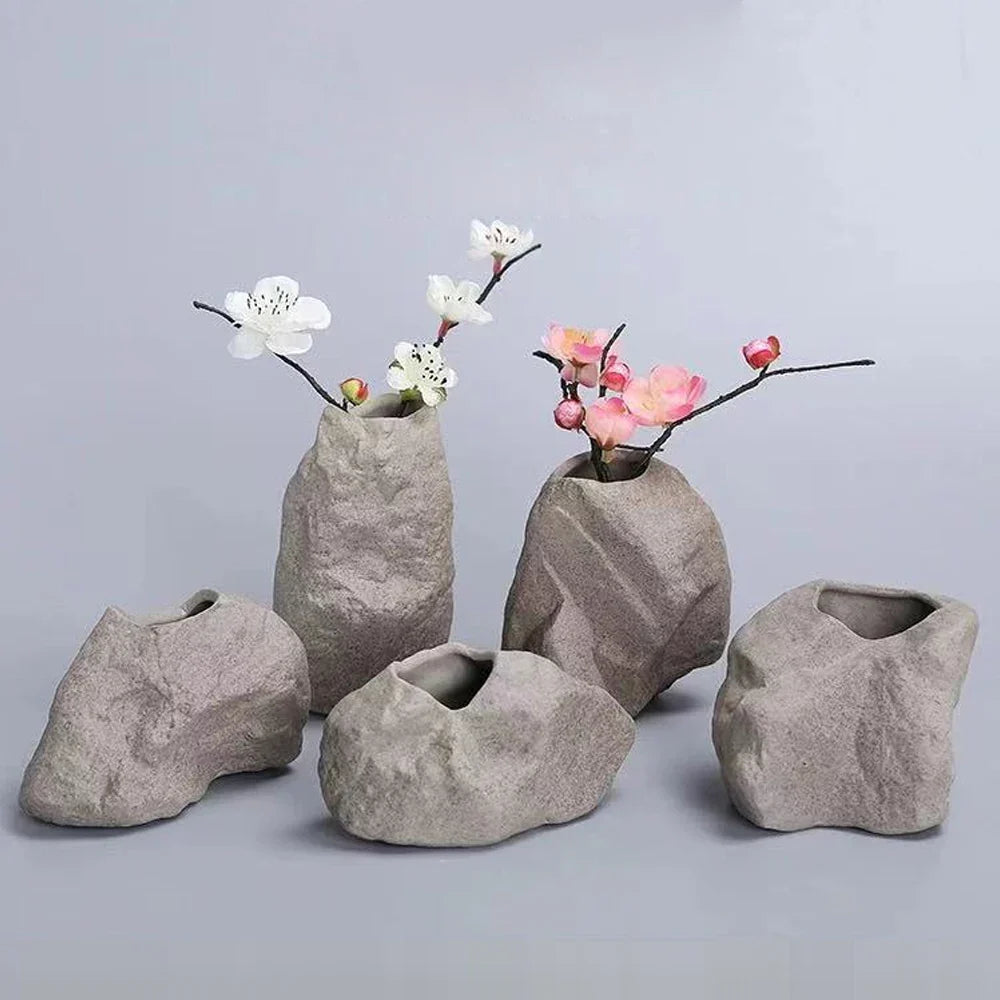 Ceramic Vase Stone Texture Tabletop Sculpture Vase Home Decor Fall 2025 Wedding Centerpiece Rustic Gift