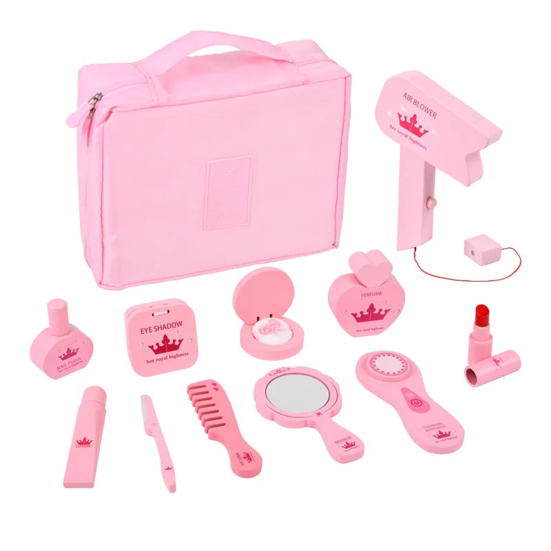 Kids Makeup Set Wooden Pretend Play Cosmetic Toy With Carry Bag Eco Friendly Hairdressing Kit Holiday Gift 2025