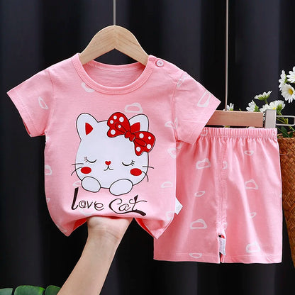 Occasion style layout showcasing the kids cartoon t-shirt and shorts casual set