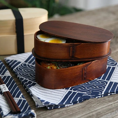 Wooden Japanese Style Bento Box Double-Layer Lunch Container for Workers & Students