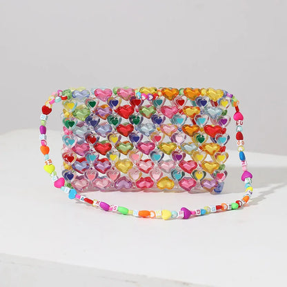 Beaded Bag Heart Bead Mini Shoulder Bag Handwoven Jelly Colorful Purse Summer 2025 Trendy Gift Accessory