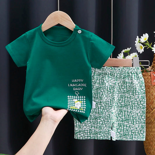 Casual summer set with cartoon print cotton t-shirt and shorts