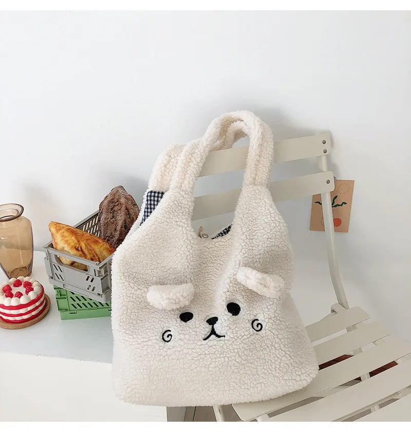 Tote Bag Soft Plush Cartoon Embroidery Shoulder Bag Winter 2025 Cozy Faux Lamb Hair Shopper Gift