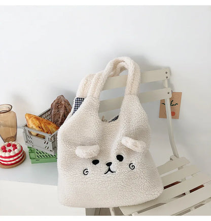 Tote Bag Soft Plush Cartoon Embroidery Shoulder Bag Winter 2025 Cozy Faux Lamb Hair Shopper Gift