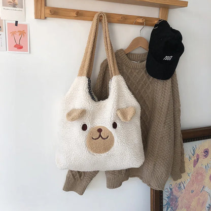 Tote Bag Soft Plush Cartoon Embroidery Shoulder Bag Winter 2025 Cozy Faux Lamb Hair Shopper Gift