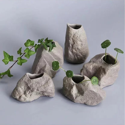 Ceramic Vase Stone Texture Tabletop Sculpture Vase Home Decor Fall 2025 Wedding Centerpiece Rustic Gift
