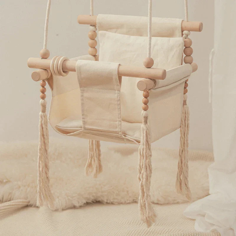 Baby Swing Canvas Seat Infant Hanging Swing 0-12 Months Wooden Rope Nursery Fall 2025 Safe Seat Belt