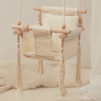 Baby Swing Canvas Seat Infant Hanging Swing 0-12 Months Wooden Rope Nursery Fall 2025 Safe Seat Belt