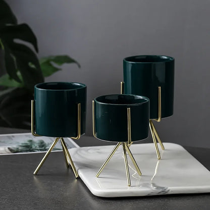 Ceramic Planters Set Of 3 With Gold Iron Stand Modern Desktop Succulent Planters Fall 2025 Stylish Gift