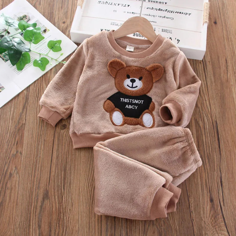 Styling option and alternate perspective of the kids flannel fleece cartoon bear pyjama set