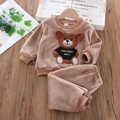 Styling option and alternate perspective of the kids flannel fleece cartoon bear pyjama set