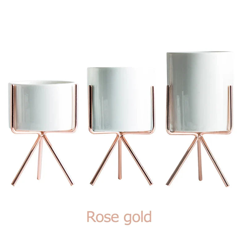 Ceramic Planters Set Of 3 With Gold Iron Stand Modern Desktop Succulent Planters Fall 2025 Stylish Gift