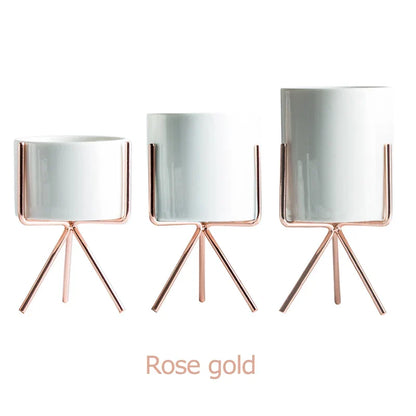Ceramic Planters Set Of 3 With Gold Iron Stand Modern Desktop Succulent Planters Fall 2025 Stylish Gift