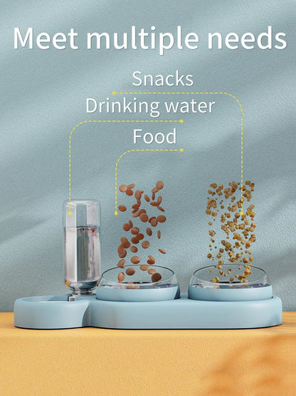 Raised Pet Feeding Station Tilted 3-Bowl Design With 500ML Water Bottle Fall 2025 Ergonomic Spine Protection